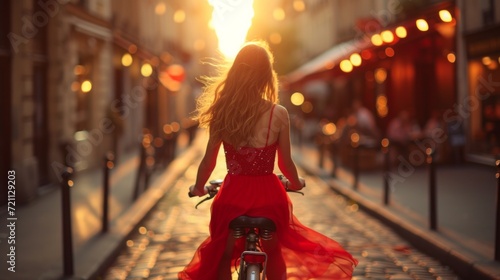 A young beautiful girl rides a bright bicycle in red satin dress along a summ...
