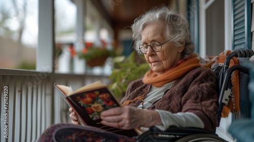 An elderly woman reads a book while sitting in a wheelchair on the veranda of...