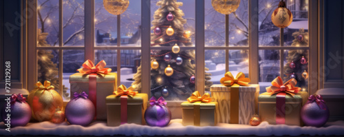 Christmas decorated window, gifts, candles, Christmas tree lights © Natalia Klenova