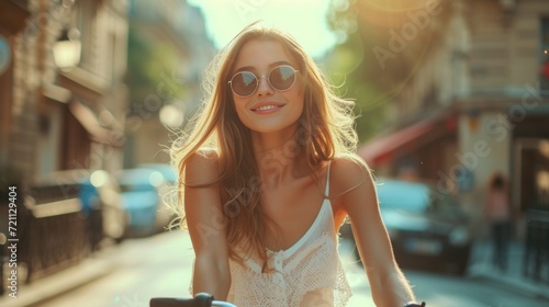 A young beautiful girl rides a bright bicycle in a white summer sundress alon...