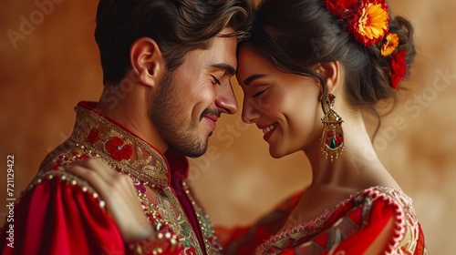 Beautiful Spanish young couple dancing in national costumes Latin dance