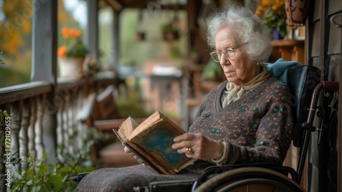 An elderly woman reads a book while sitting in a wheelchair on the veranda of...