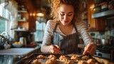 American woman baking cookies in the kitchen of a classic American home