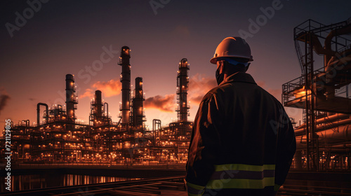 Back view of an engineer in safety gear overlooking the illuminated industrial plant facilities during the evening shift.