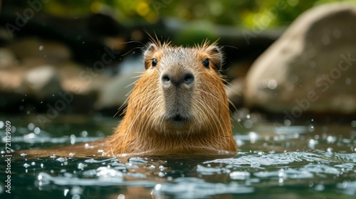 Cute Capybara swims in the pool against the backdrop of the summer garden