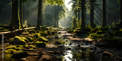 A Tranquil River in the Middle of the Forest with Penetrating Sunlight