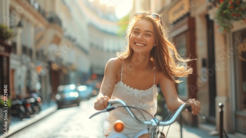 A young beautiful girl rides a bright bicycle in a white summer sundress alon...