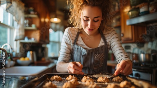 American woman baking cookies in the kitchen of a classic American home photo