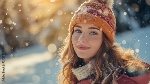 A young beautiful girl rides a snowboard and sunbathes