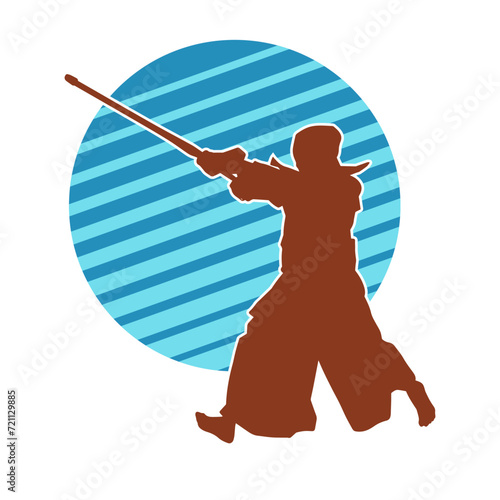 Silhouette of a sword warrior in action pose. Silhouette of a martial art person carrying sword weapon. Silhouette of kendo martial art pose.