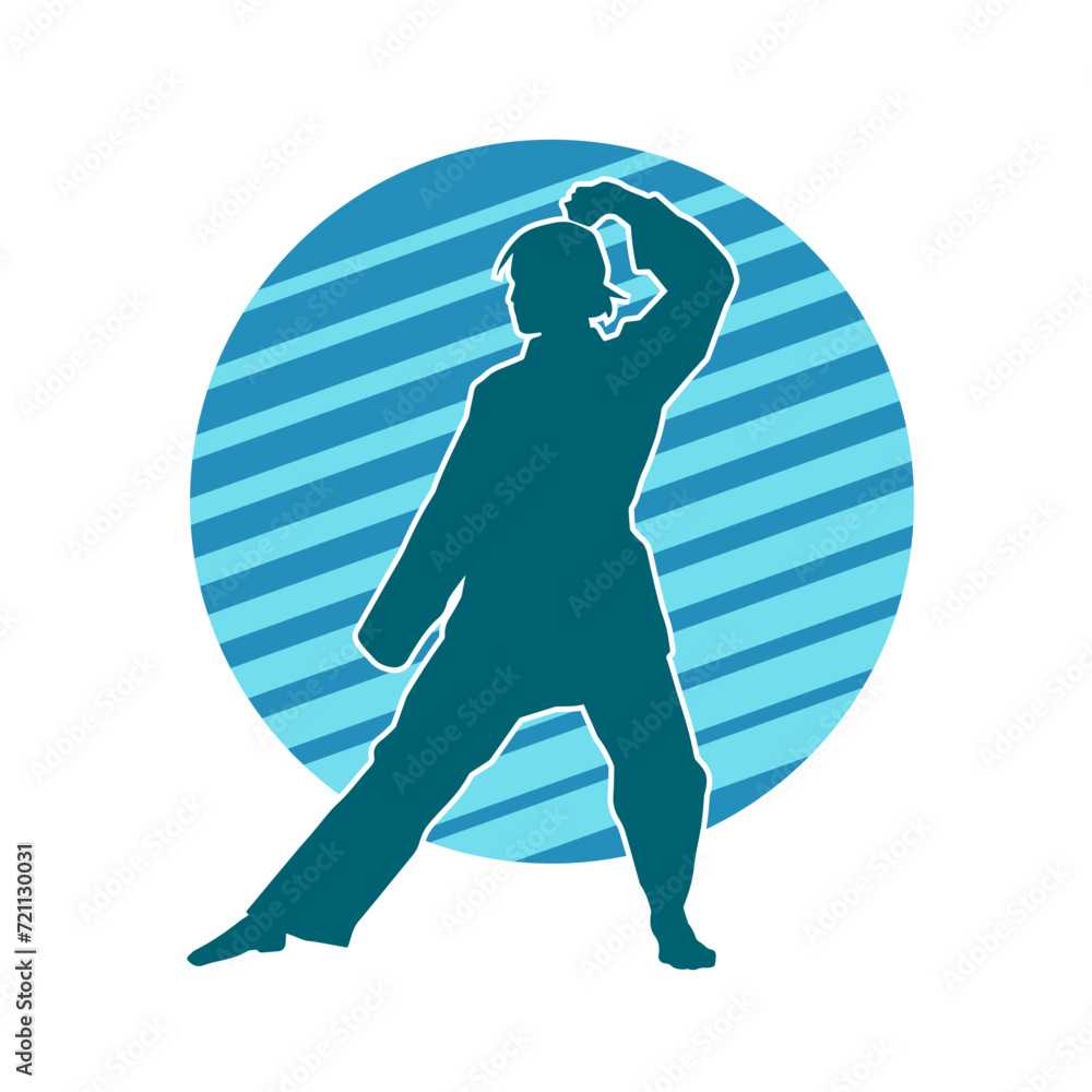 Silhouette of a slim female doing martial art pose. Silhouette of a martial art woman in action pose.