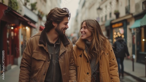 A young and happy couple walks down the street holding hands in city