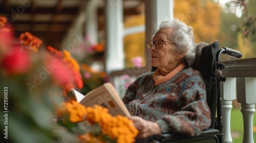 An elderly woman reads a book while sitting in a wheelchair on the veranda of...