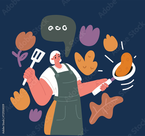 Cartoon vector illustration of Woman prepares dough for homemade pancakes for Breakfast.