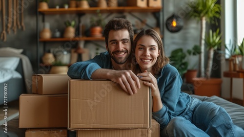 A young couple is sitting in an apartment with a pile of large brown cardboar...