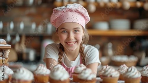 Beautiful girl 12 years old bakes holiday cupcakes in the kitchen