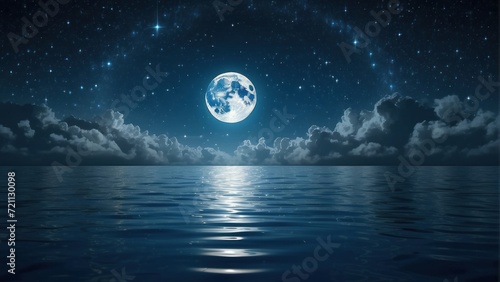 Romantic Moon With Clouds And Starry Sky Over Sparkling Blue Water. Generative, AI.