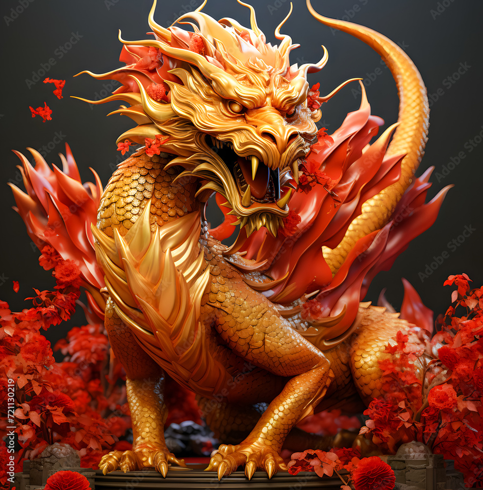 A 3D red gold dragon zodiac statue stands majestically in front of a temple, embodying strength and prosperity in a vibrant display of cultural symbolism A 3D red gold dragon zodiac statue stands majestically in front of a temple, embodying strength and prosperity in a vibrant display of cultural symbolism
