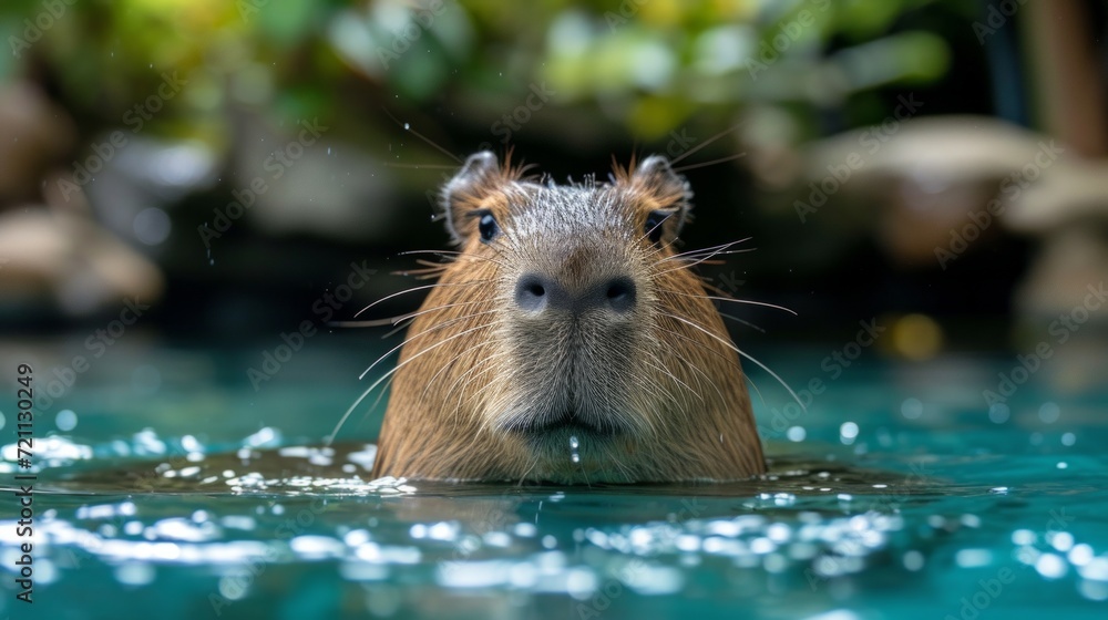 Cute Capybara swims in the pool against the backdrop of the summer garden Cute Capybara swims in the pool against the backdrop of the summer garden