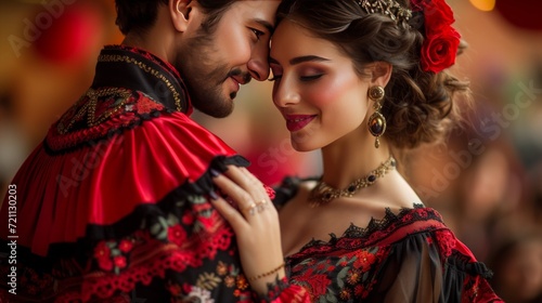 Beautiful Spanish young couple dancing in national costumes Latin dance