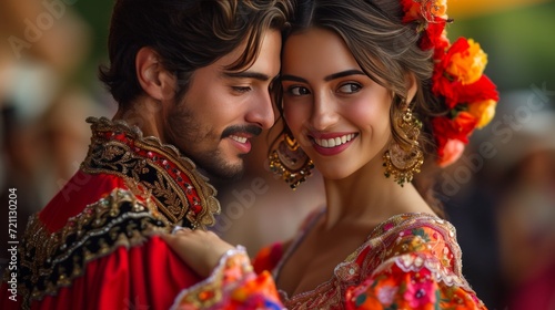 Beautiful Spanish young couple dancing in national costumes Latin dance