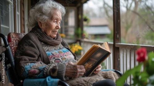 An elderly woman reads a book while sitting in a wheelchair on the veranda of...