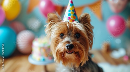 Cute Yorkshire terrier dog in a birthday cap sits near the cake on a minimalistic bright background © olegganko