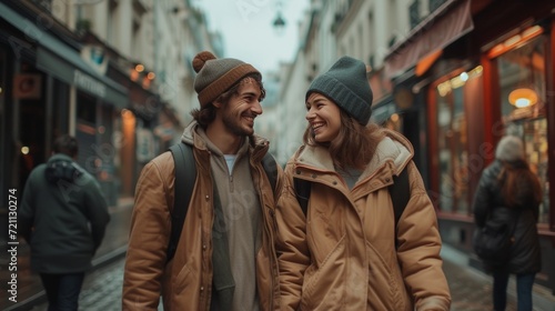 A young and happy couple walks down the street holding hands in city