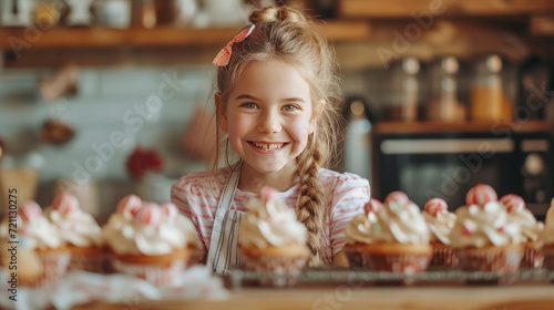 Beautiful girl 12 years old bakes holiday cupcakes in the kitchen