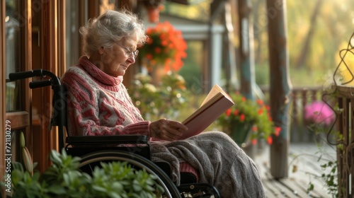 An elderly woman reads a book while sitting in a wheelchair on the veranda of...