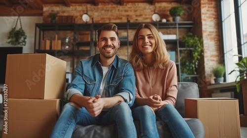A young couple is sitting in an apartment with a pile of large brown cardboar...