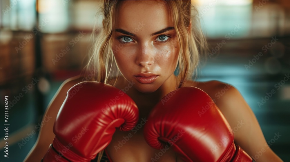Beautiful young woman competes in boxing in the gym