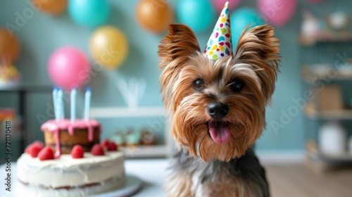 Cute Yorkshire terrier dog in a birthday cap sits near the cake on a minimalistic bright background