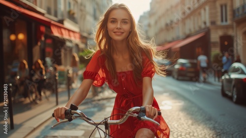 A young beautiful girl rides a bright bicycle in red satin dress along a summ...