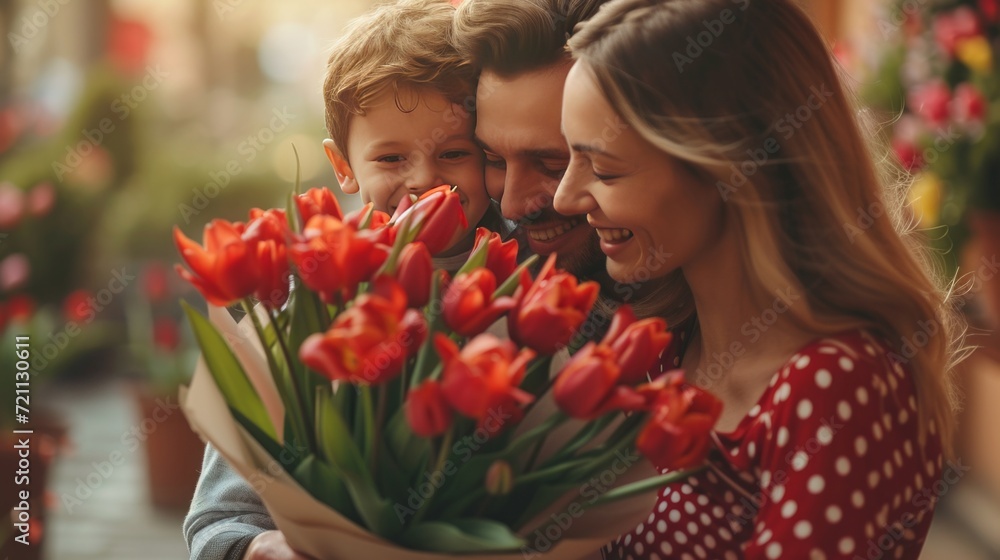 Boy and dad give a bouquet of red tulips to a woman in a red polka dot dress Boy and dad give a bouquet of red tulips to a woman in a red polka dot dress