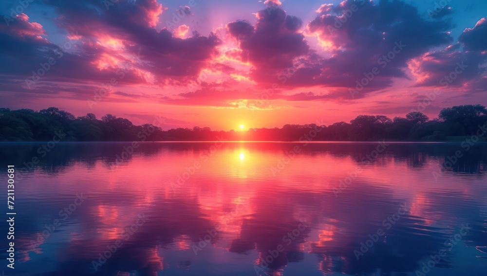 a beautiful sunset is captured over a still lake with reflections, in the style of dark pink and light azure