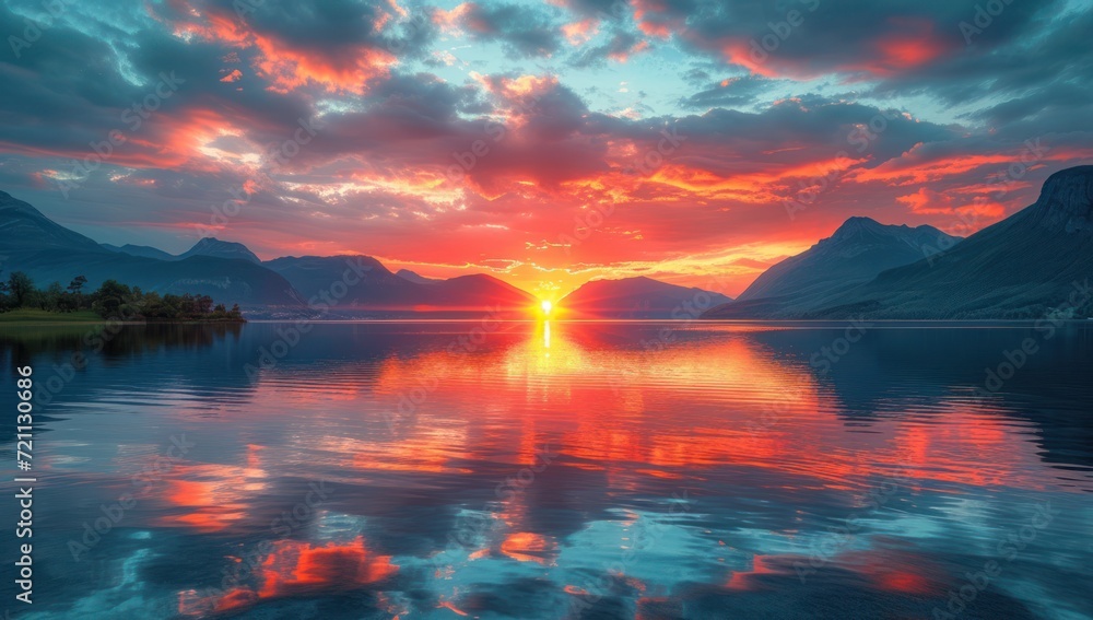 a beautiful sunset is captured over a still lake with reflections, in the style of dark pink and light azure