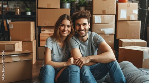 A young couple is sitting in an apartment with a pile of large brown cardboard boxes