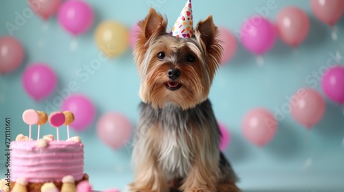 Cute Yorkshire terrier dog in a birthday cap sits near the cake on a minimali...