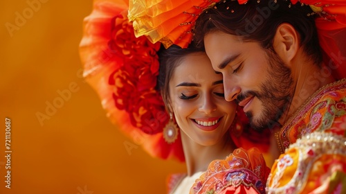 Beautiful Spanish young couple dancing in national costumes Latin dance