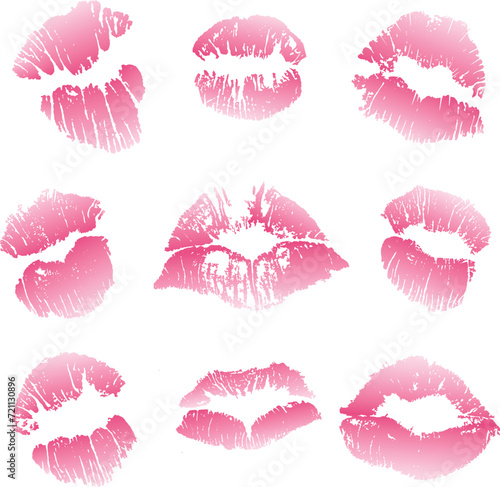 Lipstick kiss print isolated vector set. Different shapes of female sexy pink lips. Female mouth. Print of lips kiss vector background.
