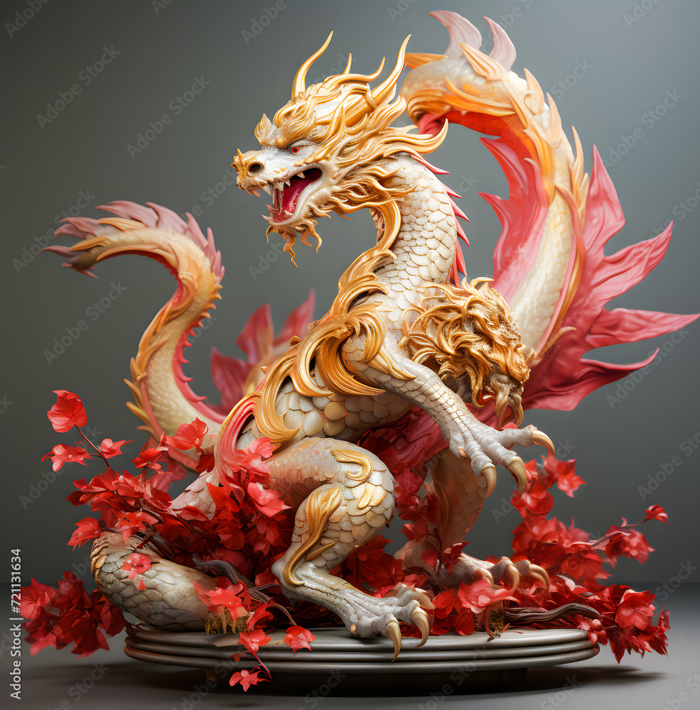 A 3D red gold dragon zodiac statue stands majestically in front of a temple, embodying strength and prosperity in a vibrant display of cultural symbolism A 3D red gold dragon zodiac statue stands majestically in front of a temple, embodying strength and prosperity in a vibrant display of cultural symbolism