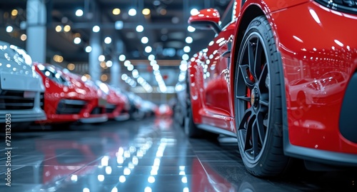 few cars are lined up in a showroom for sale