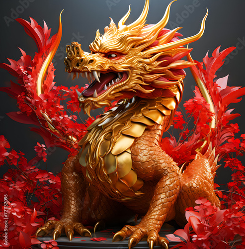 A 3D red gold dragon zodiac statue stands majestically in front of a temple, embodying strength and prosperity in a vibrant display of cultural symbolism