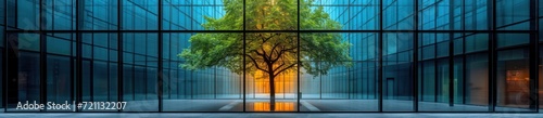 green tree reflected in a glass building