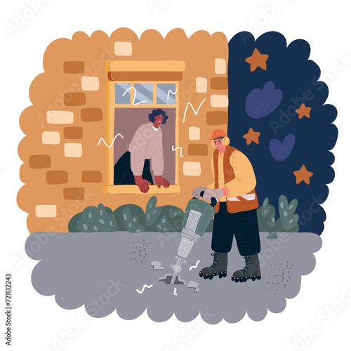Cartoon vector illustration of Annoyed adult woman suffering neighbor noise