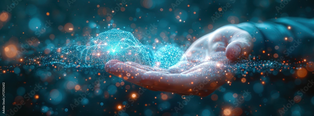 man holds out a hand with a lights network lines, in the style of intertwined networks man holds out a hand with a lights network lines, in the style of intertwined networks