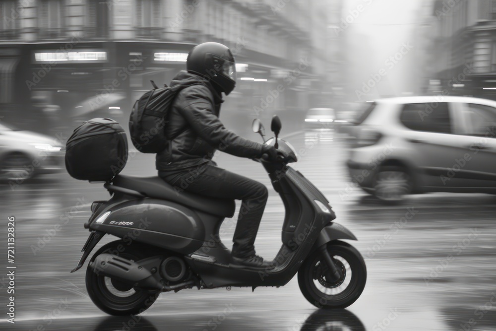 man riding a scooter on a busy road man riding a scooter on a busy road