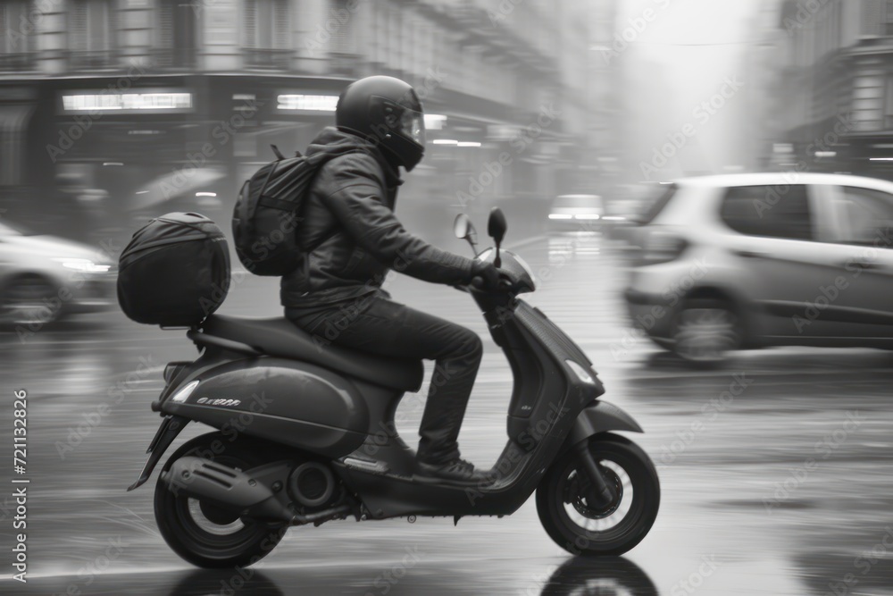  man riding a scooter on a busy road