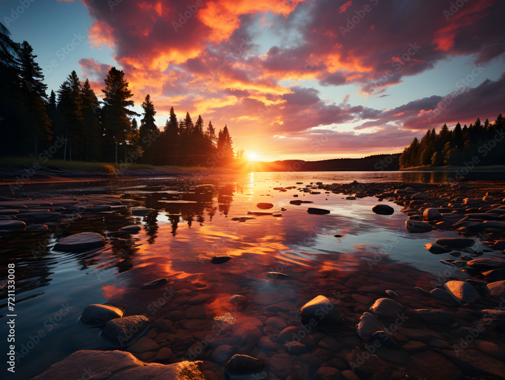 Majestic Sunset Landscape Over the Lake with Serene Twilight